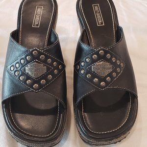 Black Leather Harley-Davidson Wedge Heel Sandals Size 8.5